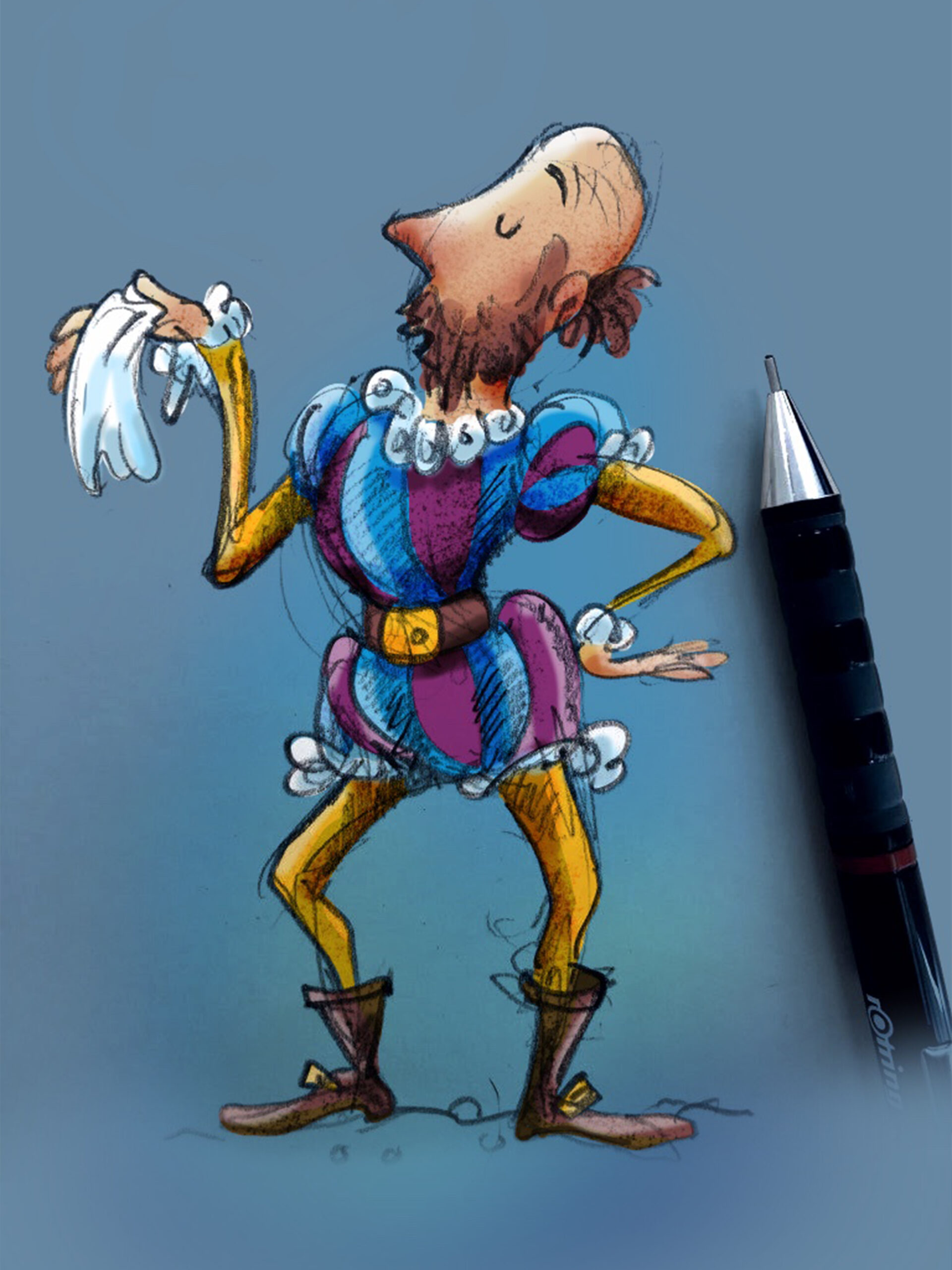 A pencil sketch of an 'Elizabethan Dandy' coloured digitally.