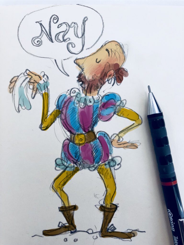 A pencil sketch of an 'Elizabethan Dandy' with rough colour applied digitally..