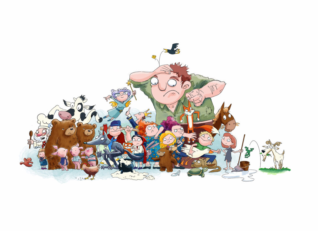 Colour cartoon illustration showing large group of fairy tale characters interacting with each other.
