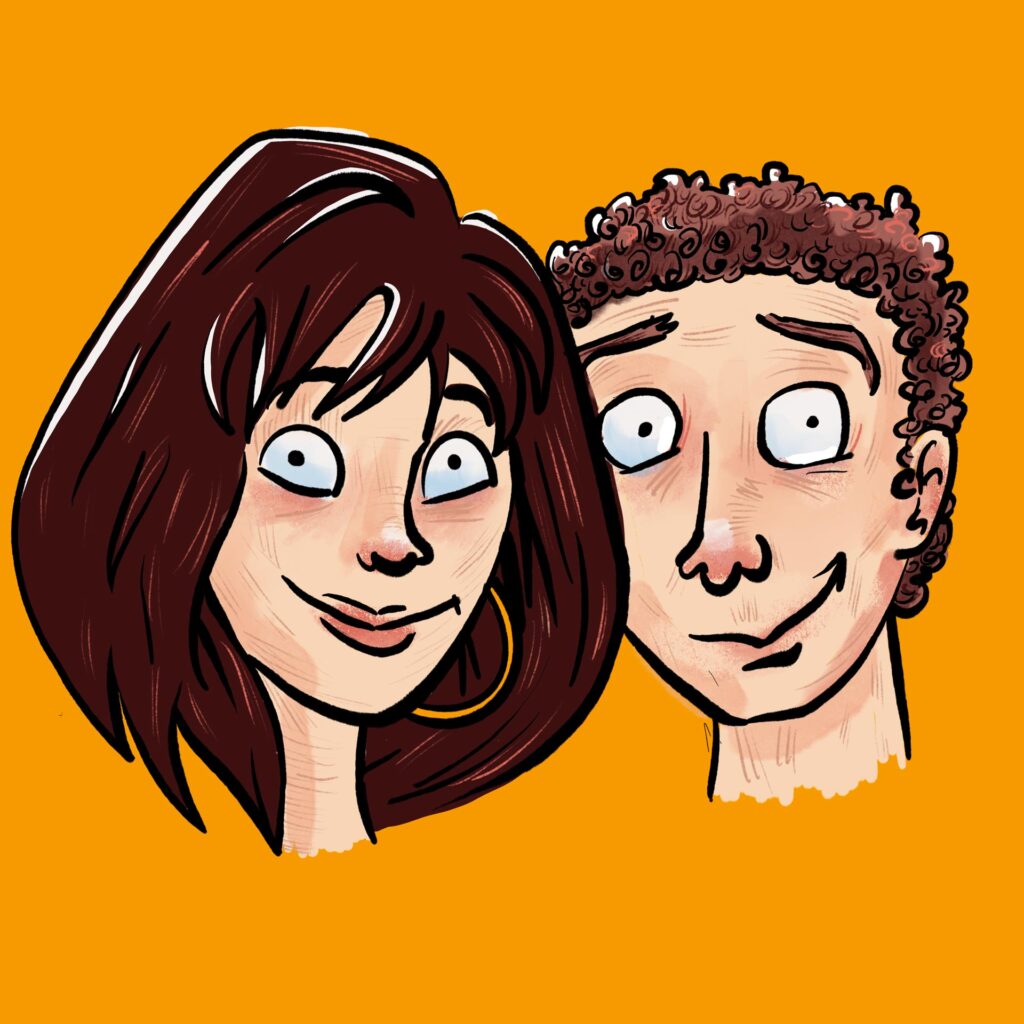 Cartoon portrait of Josie Lawrence and Jim Sweeney.