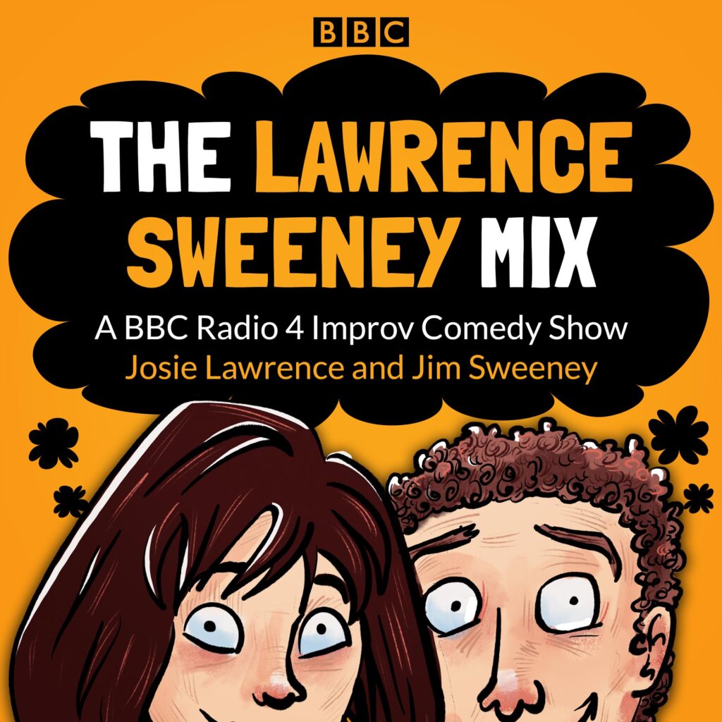 Audiobook cover design featuring cartoon portrait of Josie Lawrence and Jim Sweeney